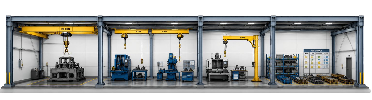 Factory crane layout and vertical material handling system